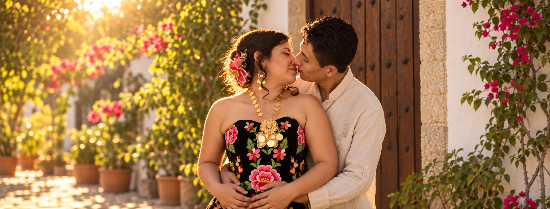 Pareja abrazada en una boda al atardecer en Oaxaca